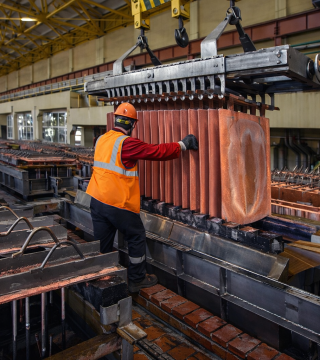 worker handling copper cathode sheets